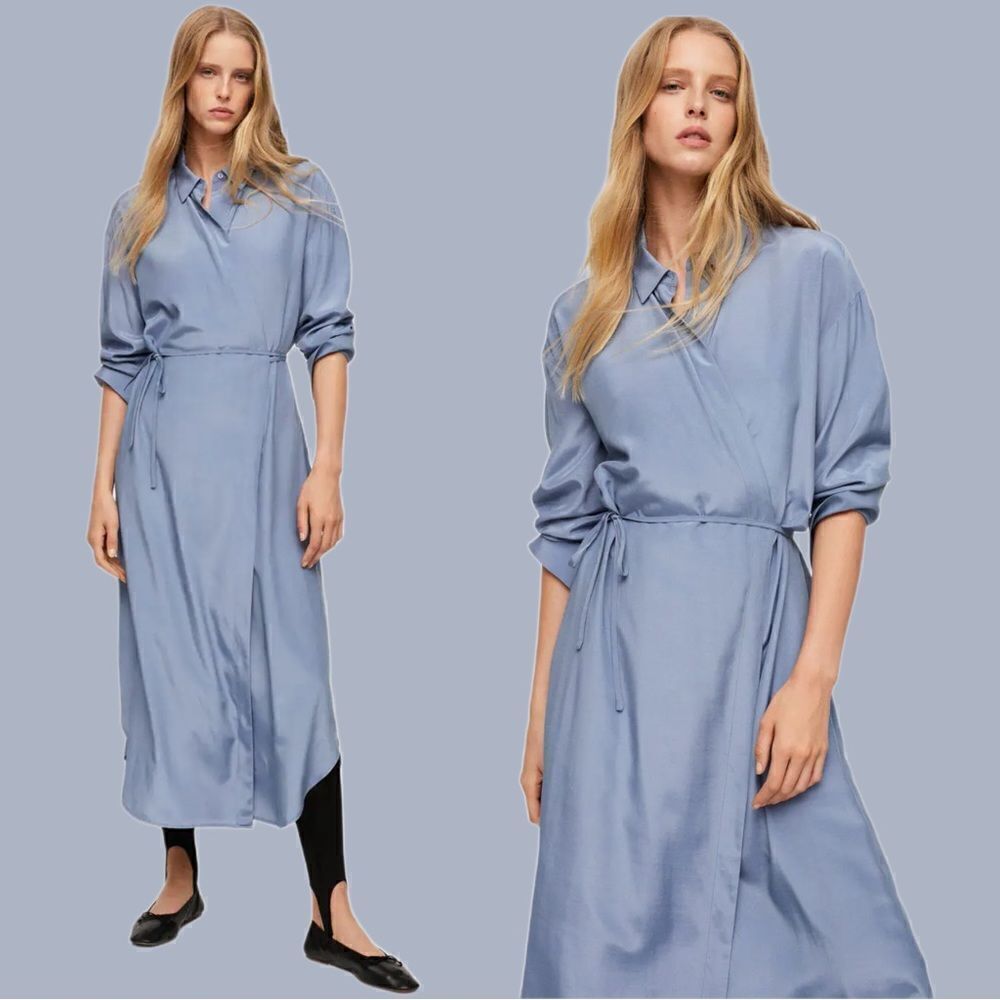 Mango Wrap Satin Dress Blue New